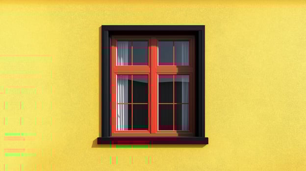 Vivid house facade with window image. Yellow wall with red and black frame outdoors photography scene photorealistic. Stylish building exterior observing concept photo realistic