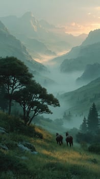 Majestic horses wander through a misty valley at sunrise with mountains in the background photo