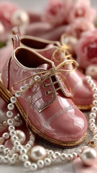 Decorative pink shoes with pearls and roses in a stylish arrangement for a special occasion photo