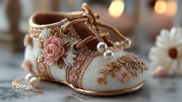 Exquisite handmade baby shoe with floral embellishments and pearl accents on a marble surface photo
