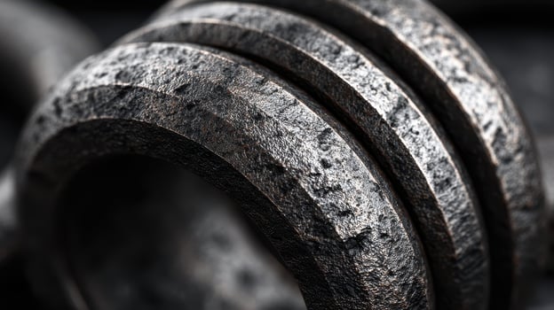 Heavy metal weights arranged in close-up view showing texture and details in a gym setting photo