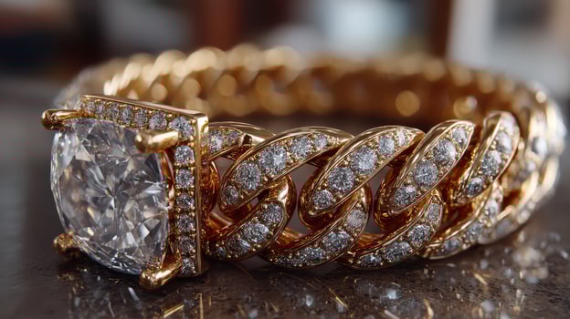 Elegant golden bracelet with a large diamond centerpiece displayed on a polished surface photo