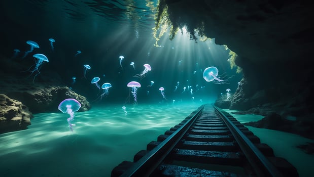 Jellyfish Floating Near Sunlit Underwater Cave with Railroad Tracks photo