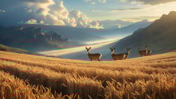 Deer Standing in Golden Wheat Field with Mountain Views and Sky photo