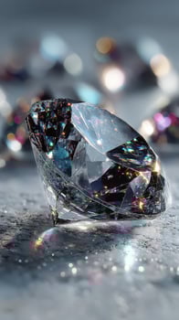 Brilliant diamond sparkles under soft light with colorful reflections set against a blurred background photo