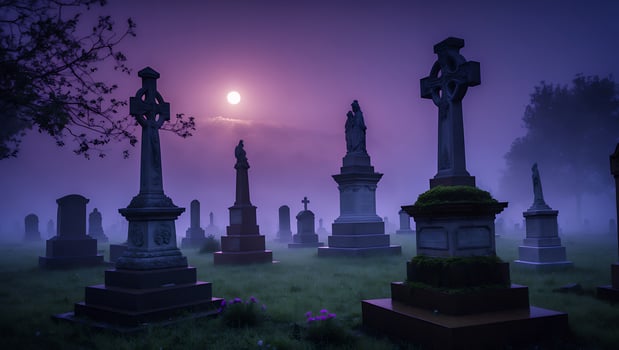 Graveyard with Stone Crosses and Tombstones Under Foggy Moonlit Sky photo
