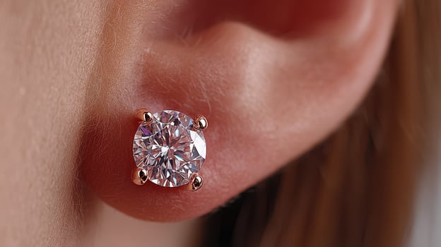 Elegant round diamond stud earring showcased against a close-up of skin in soft light during daytime photo