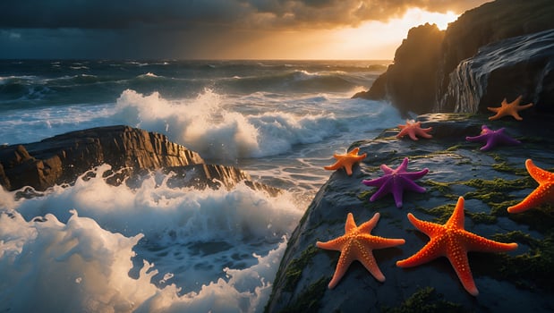 Ocean Waves Crashing Rocks with Starfish at Sunset Dramatic Sky photo