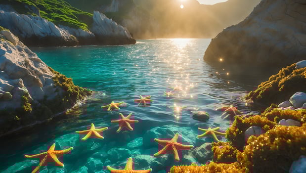 Starfish Floating in Turquoise Sea at Sunrise on Rocky Coast photo