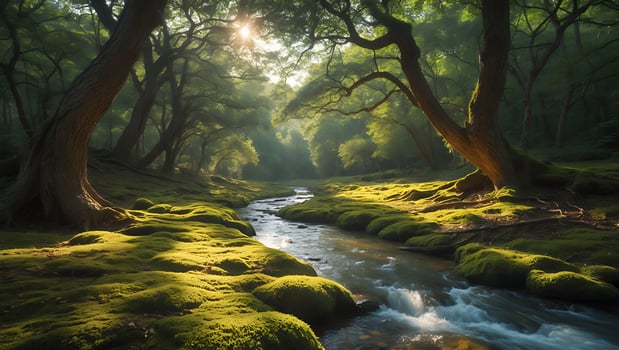 Flowing River Through Lush Green Forest with Sunlight Streaming Through Trees photo