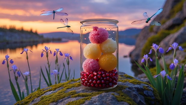 Jar of Colorful Sweets with Dragonflies by Lake at Sunset photo