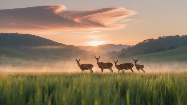 Deer Family Standing in a Misty Field at Sunrise photo