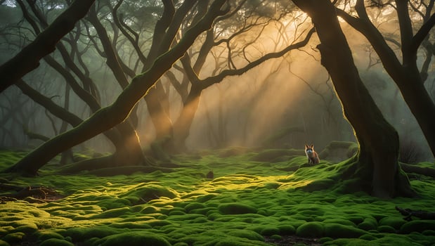 Fox Sitting in a Mossy Forest with Sunbeams and Fog photo