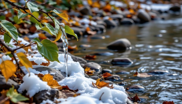 ice clings to the edges of leaves and stones beside a silent brook. photo