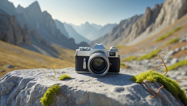 Vintage Camera on Rock with Mountain Range Background Landscape Photography photo