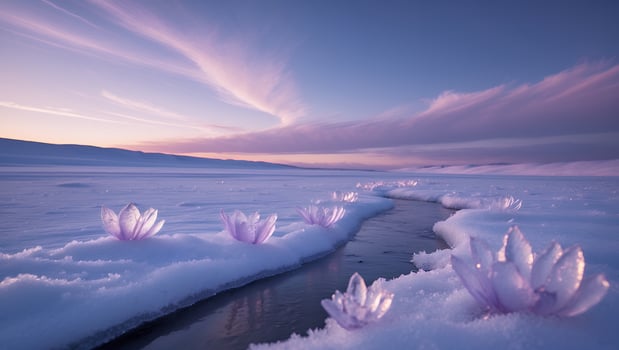 Flowers Blooming on Frozen River Under Pastel Colored Sky photo
