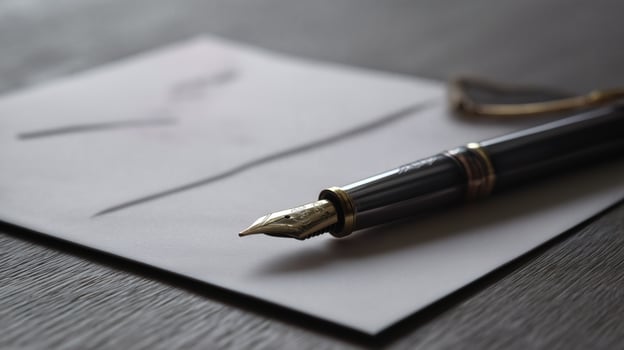 Luxury fountain pen on handwritten letter resting on dark wooden desk photo