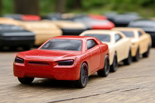 A row of toy cars on a wooden table photo