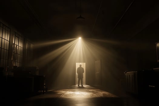 A man stands in the dark with light coming from the door photo