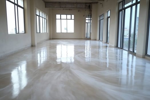 A large room with white flooring and windows photo