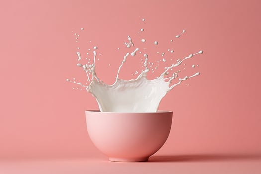 A white liquid splashing into a pink bowl photo