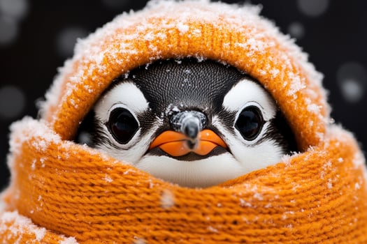 A penguin is wrapped in an orange scarf photo