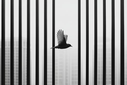 A black and white photo of a bird flying through a fence