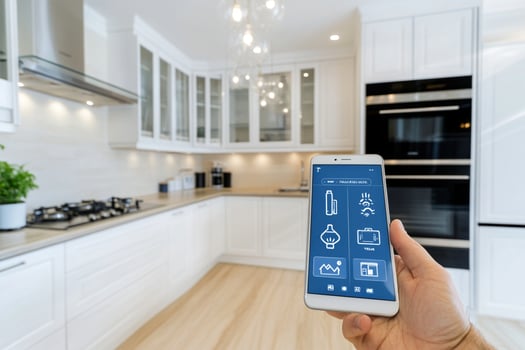 A person holding a smart phone in front of a kitchen photo