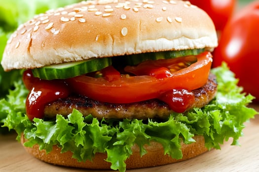 A hamburger with tomatoes and lettuce on a wooden table photo