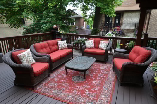 A red couch sits on a wooden deck photo