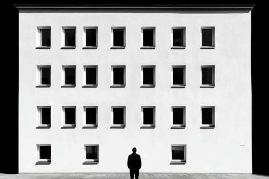 A man stands in front of a building with many windows photo