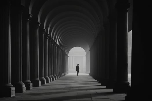 A person walking through a long hallway with pillars photo