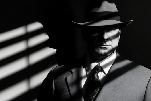 A man in a suit and hat stands in front of a window photo