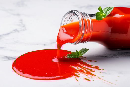 A glass jar with tomato sauce being poured into it photo