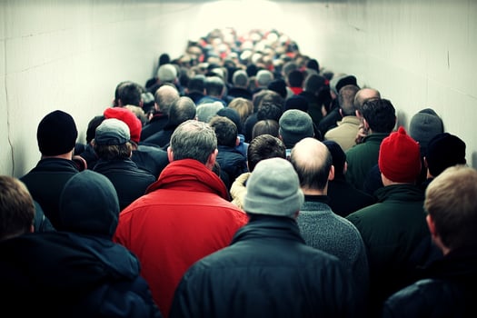A crowd of people walking down a hallway photo