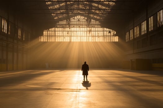 A person standing in an empty warehouse with sunlight streaming through the windows photo