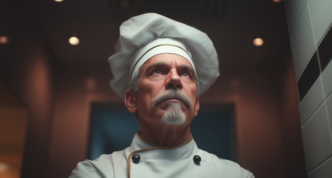 Chef stands confidently in a bustling restaurant kitchen, ready to deliver an exceptional dining experience. The atmosphere is lively with the sounds of cooking and clatter of utensils. photo