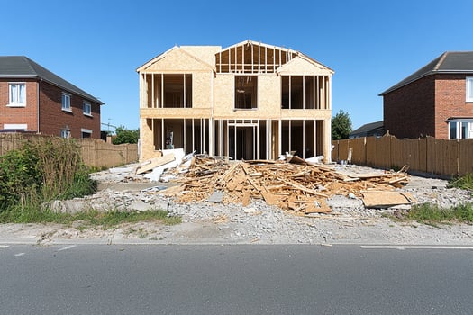 A house under construction in a residential neighborhood photo