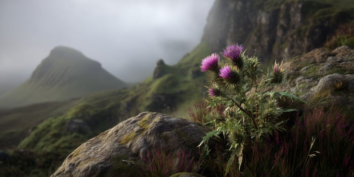 Beautiful Thistle Blooming on Rocky Landscape Surrounded by Misty Mountains in the Background During Early Morning Light photo