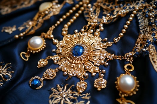 A blue dress with gold and blue jewelry photo