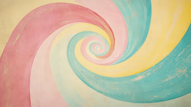 A colorful abstract spiral swirl in pastel shades of pink, yellow, and teal creates a vibrant and dynamic artistic composition. Background texture with funky vibes photo