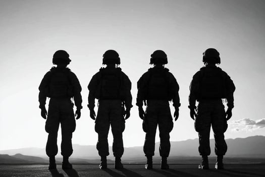 Three soldiers stand in a line in the desert photo