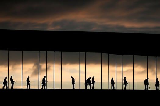 Silhouettes of people standing in front of a building photo
