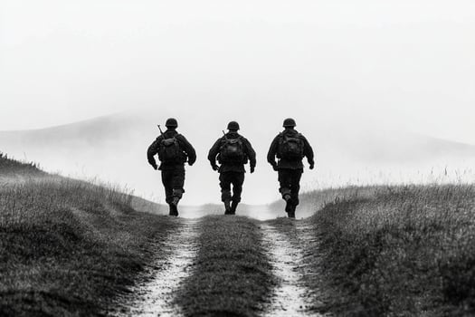 Three soldiers walking down a dirt road photo