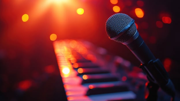 Music performance featuring a microphone and piano in a vibrant concert setting at night photo