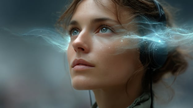 A person listens intently with headphones, immersed in a digital soundscape that represents the concept of voice control and seamless communication. photo