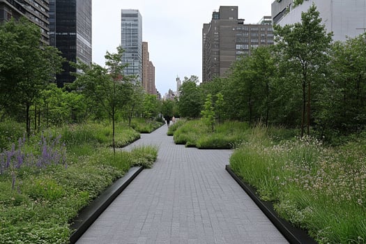 A walkway in a city park with tall buildings in the background photo