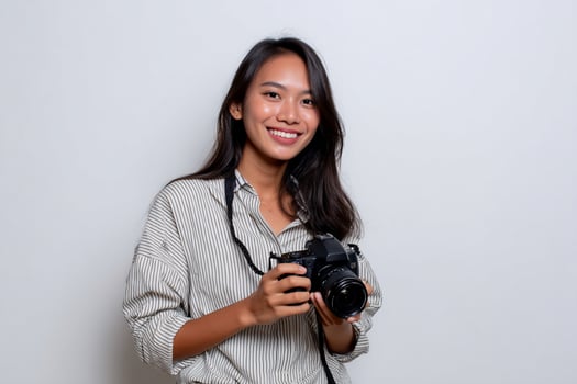 Woman holding a camera, smiling photo