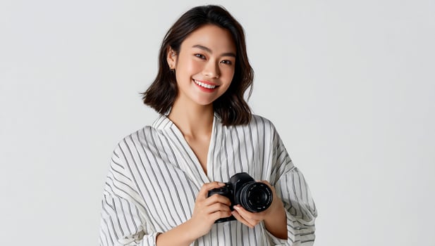 Young woman smiling, holding a camera photo