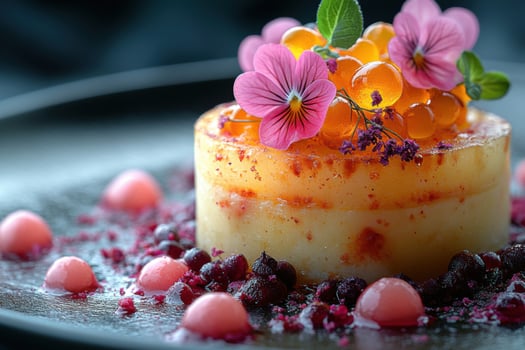 a dessert with fruit and flowers on a black plate photo